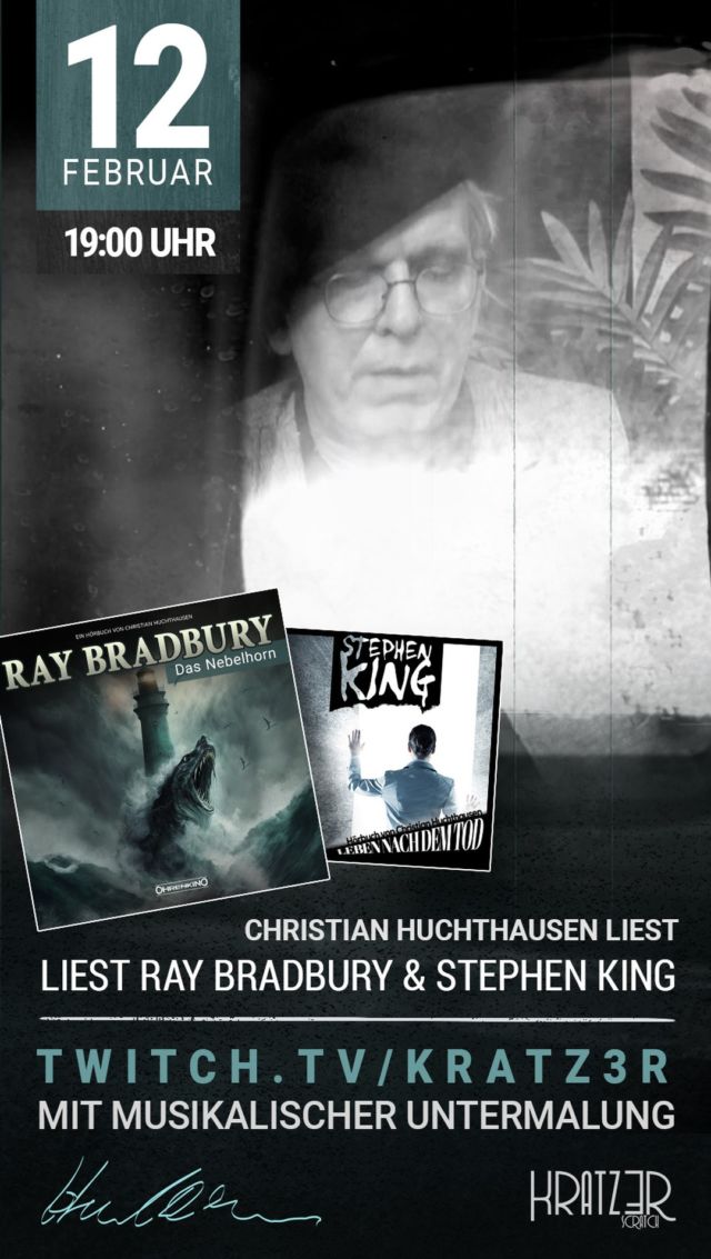 Erlebt einen schaurig schönen Abend mit Christian Huchthausen, wenn er live zwei literarische Meisterwerke zum Leben erweckt. "Das Nebelhorn" von Ray Bradbury mit eigens komponierter musikalischer Untermalung und "Leben nach dem Tod" von Stephen King. 

Taucht ein in die fesselnden Geschichten der beiden Kultautoren und lasst euch von Christian Huchthausen durch seine einzigartige Inszenierung in diese Welten entführen. Der Livestream findet am Sonntag, den 12. Februar ab 19:00 Uhr auf twitch.tv/kratz3r statt. Der Link zur Veranstaltung ist natürlich auch in der Bio zu finden 🙃

Darüber hinaus ist dies auch ein Vorgeschmack auf die bevorstehenden Events bei der Leverkusener Buchwoche (Levliest) im April 2023. Dort werden wir an vielen Projekten mitwirken und ihr könnt uns live und in Farbe erleben. 🥰

#DasNebelhorn #RayBradbury #LebenNachDemTod #StephenKing #SchaurigSchön #Kultautoren #Twitch #livestream #levliest2023 #live #MusicalScore #radiodrama #lesung #horror #CultAuthors #eerilybeautiful #kratz3r #huchthausen #bücher #leselust #levliest #leverkusen @leverkusen_de @wirinleverkusen @leverkusen.city